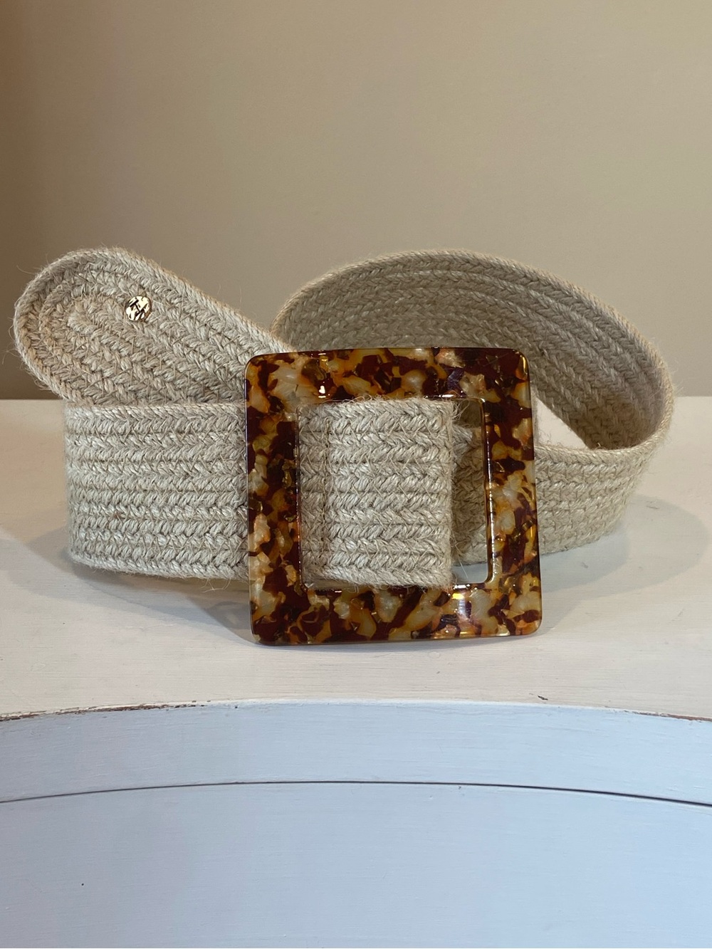 Halston Wide Jute Belt with Tortoise Acrylic Buckle M/L